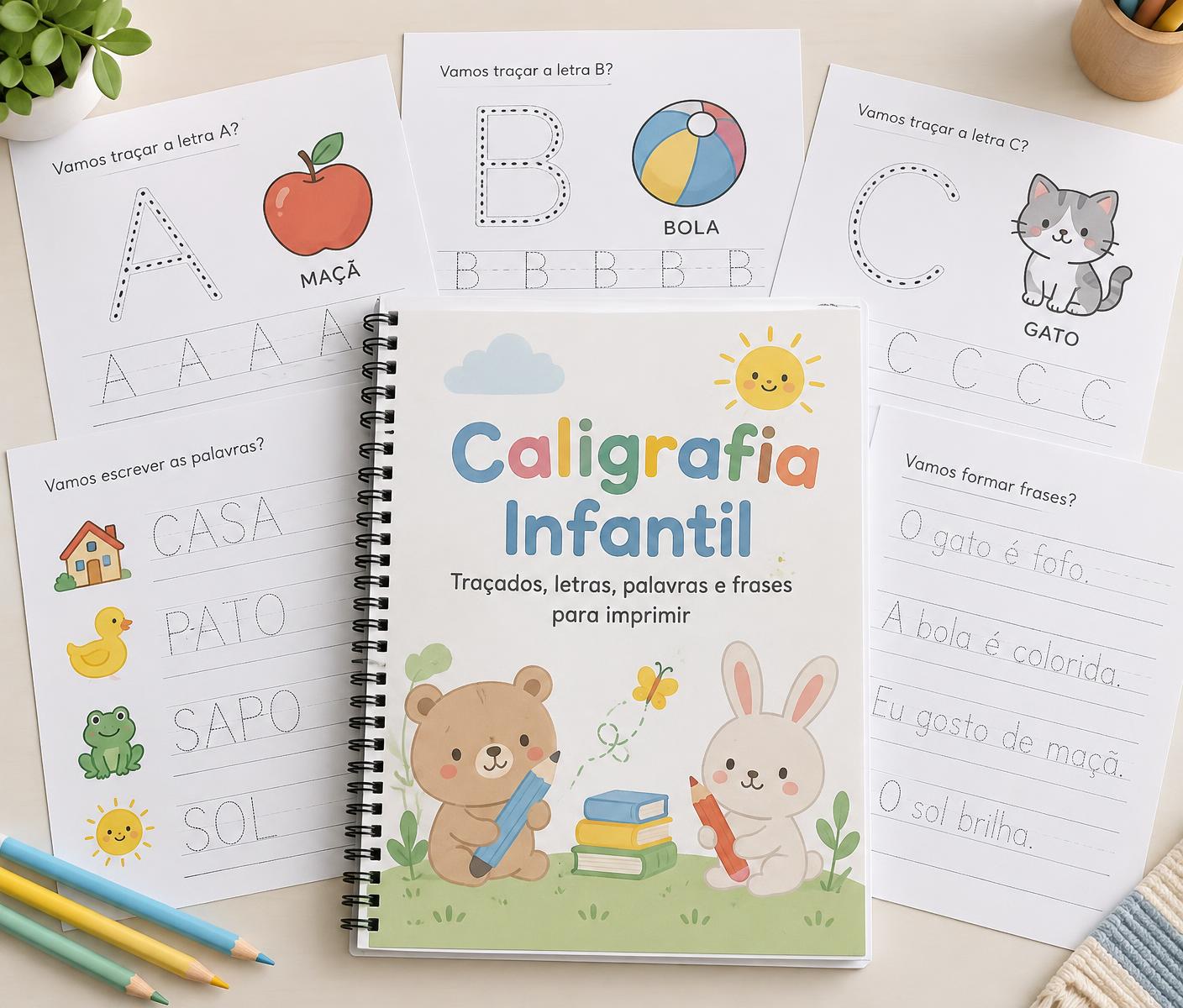 Mockup do material Caligrafia Infantil com capa e folhas de atividades das letras A, B e C